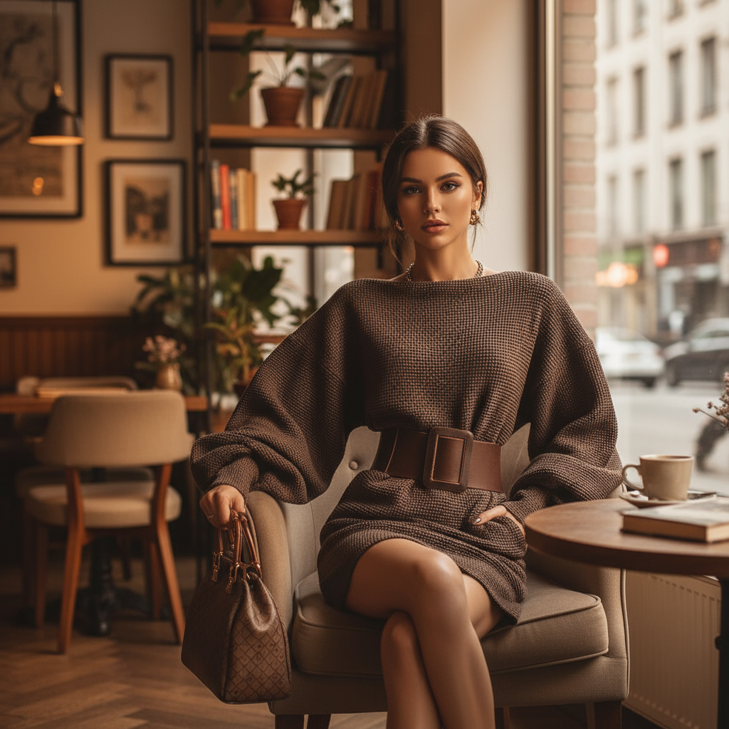 Cléa - Short knitted dress with structured belt