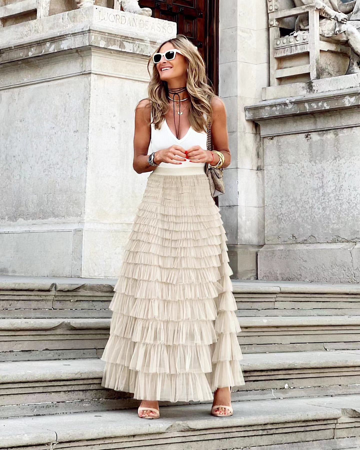 Flowy Layered Mesh Midi Skirt