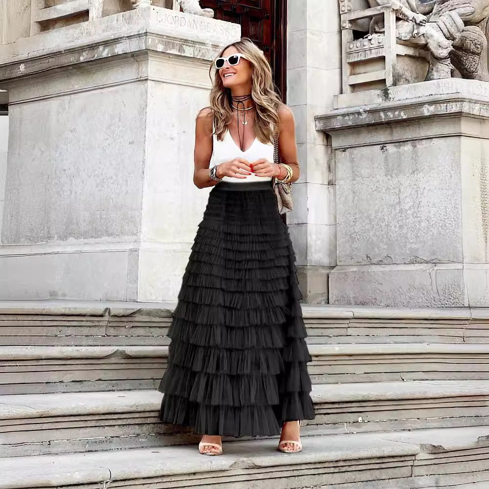 Flowy Layered Mesh Midi Skirt