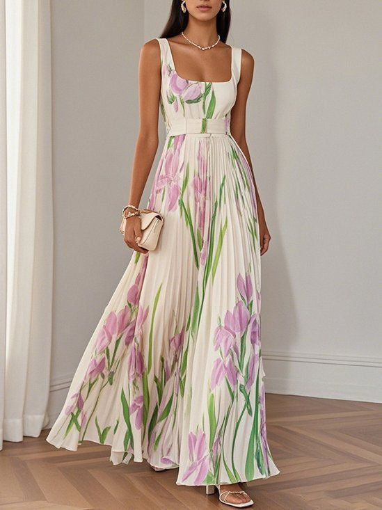 Elegant Floral Pleated Midi Dress
