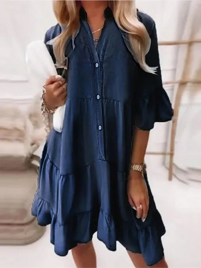 Amy | Elegant Ruffled Denim Dress