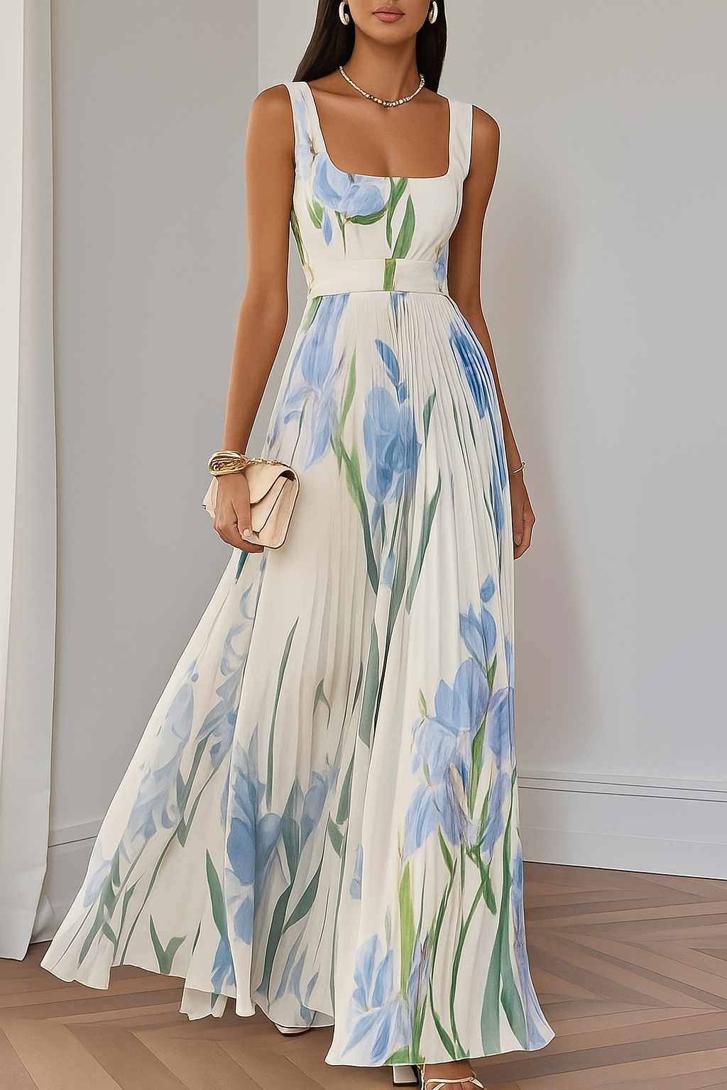 Elegant Floral Pleated Midi Dress
