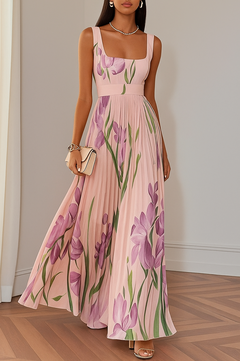 Elegant Floral Pleated Midi Dress