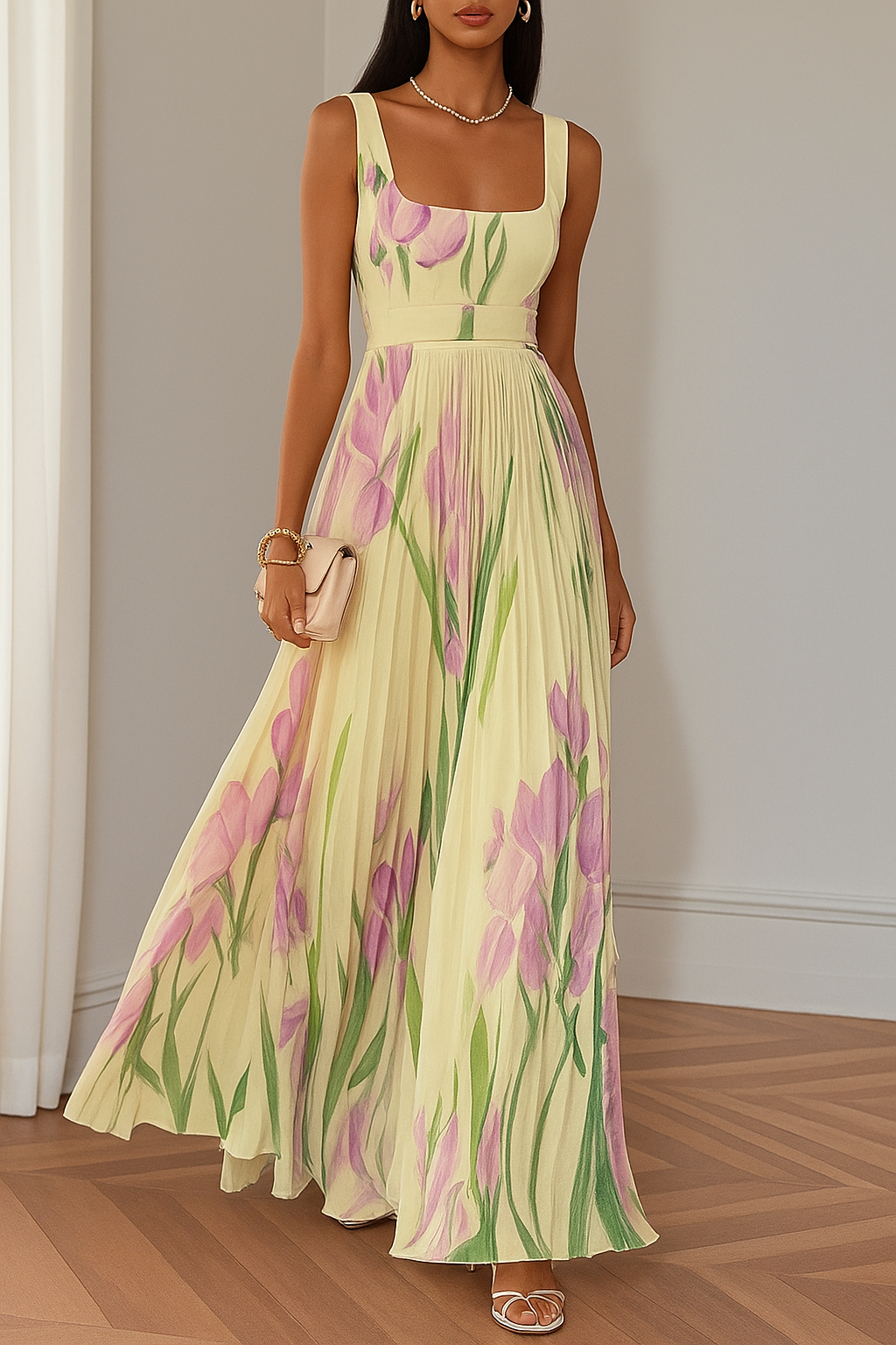 Elegant Floral Pleated Midi Dress