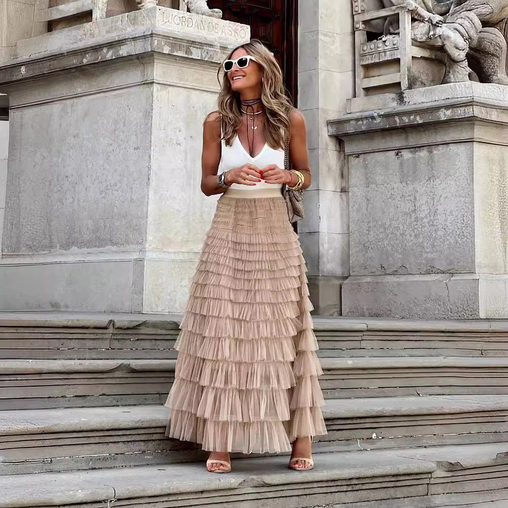 Flowy Layered Mesh Midi Skirt
