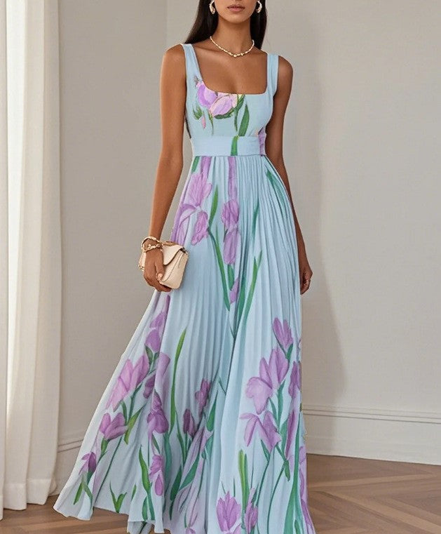 Elegant Floral Pleated Midi Dress