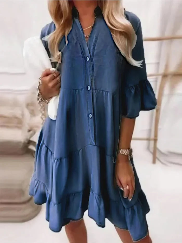 Amy | Elegant Ruffled Denim Dress